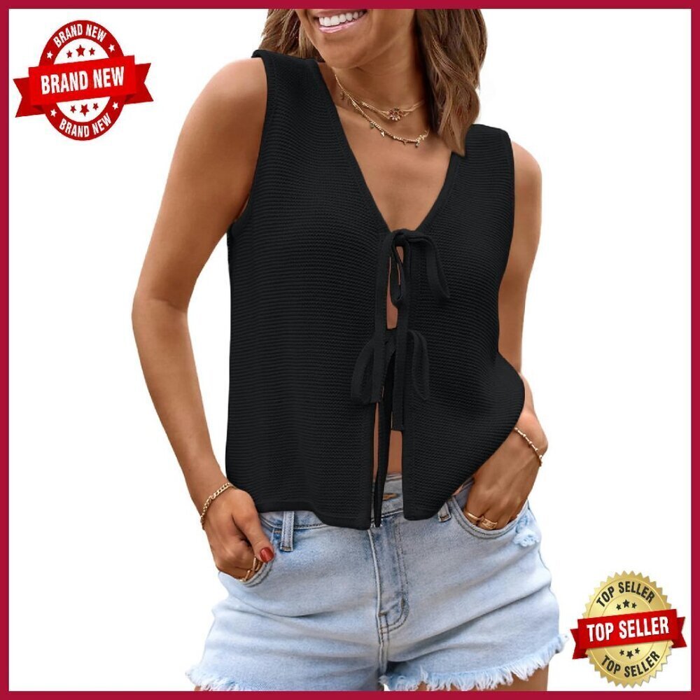 Crochet Tie Front Sweater Vest, Sleeveless V-Neck, Acrylic Cotton Blend